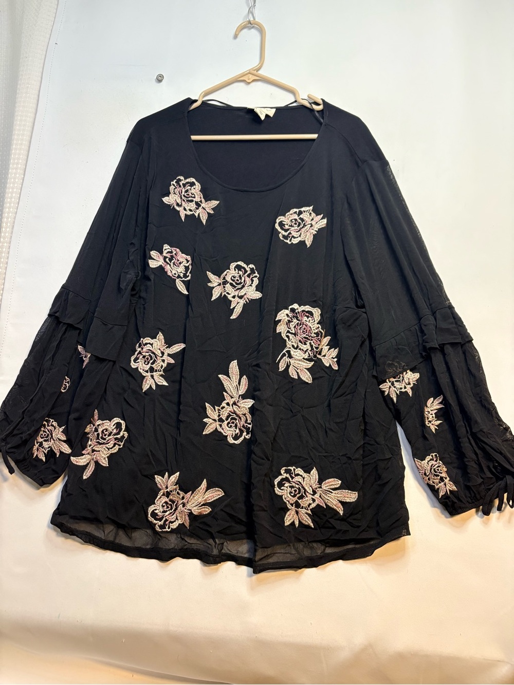 Style & Co. Black Tunic with Pink and Cream Floral Embroidery